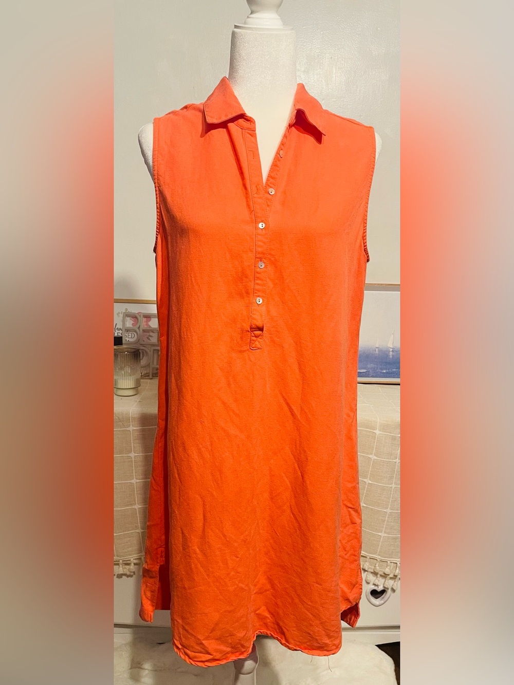 Sleeveless Collared Swim Cover-Up Dress in Orange size 10 58% linen - Picture 9 of 13